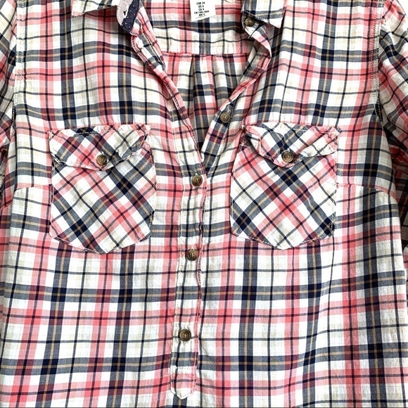 H&M Button Up Pop Over Flannel Navy & Pink Plaid Long Sleeves size 4 - Picture 4 of 9